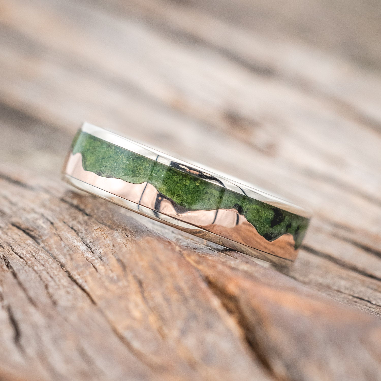 "HELIOS" - MOSS & 14K GOLD MOUNTAIN RANGE WEDDING BAND-Staghead Designs