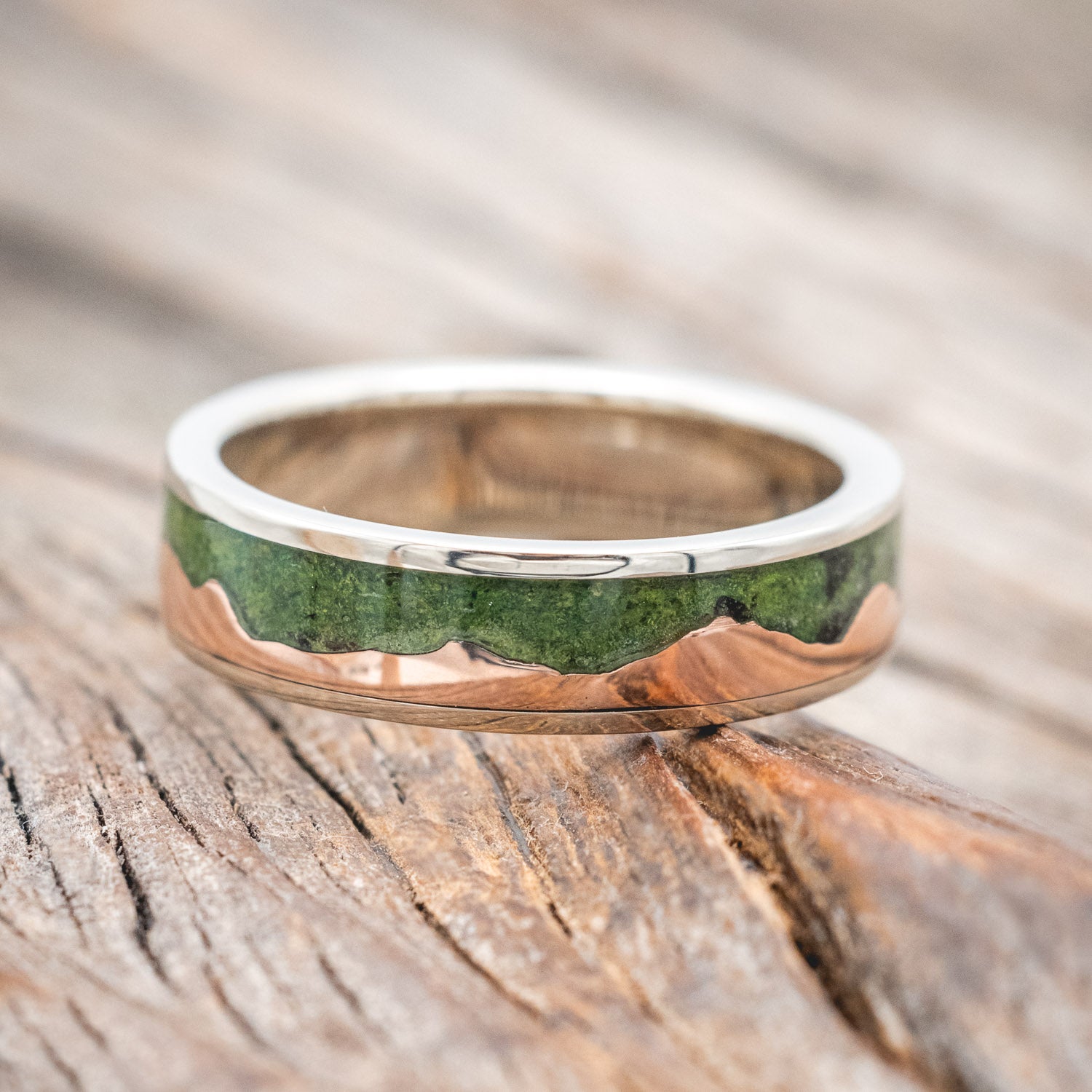 "HELIOS" - MOSS & 14K GOLD MOUNTAIN RANGE WEDDING BAND-Staghead Designs