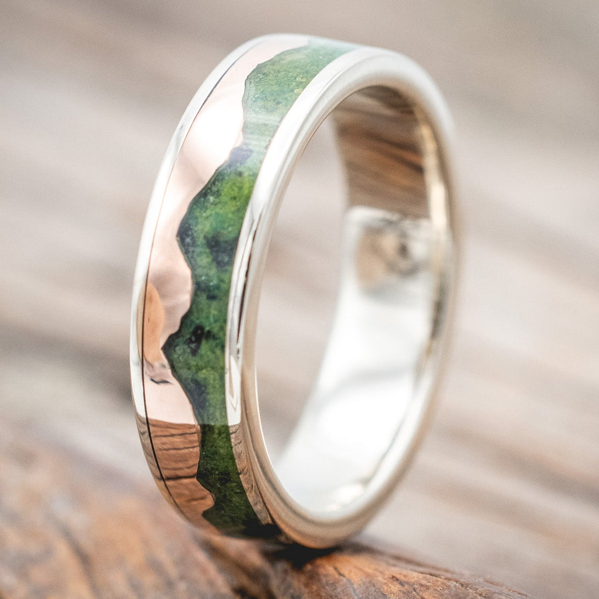 "HELIOS" - MOSS & 14K GOLD MOUNTAIN RANGE WEDDING BAND-Staghead Designs