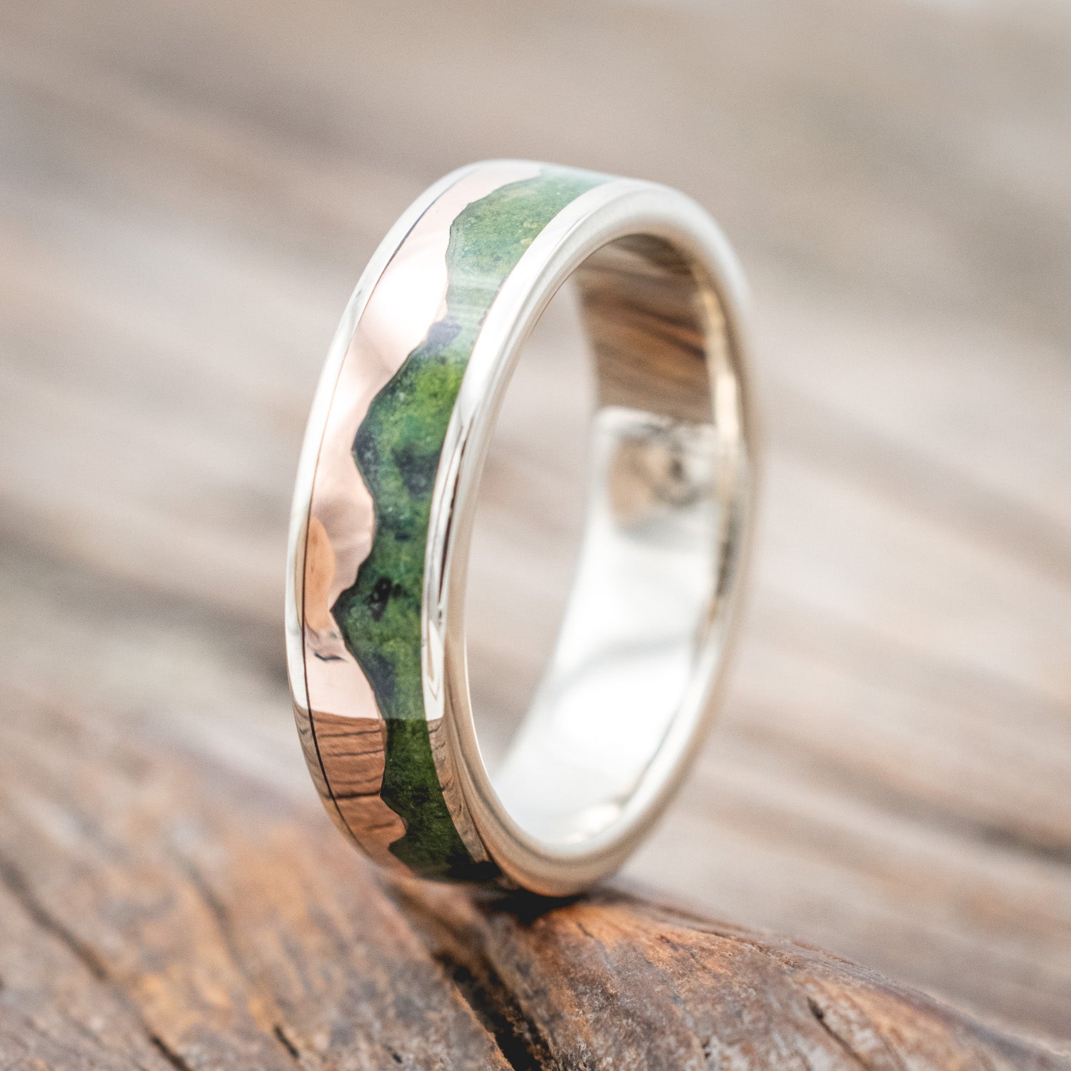 "HELIOS" - MOSS & 14K GOLD MOUNTAIN RANGE WEDDING BAND-Staghead Designs