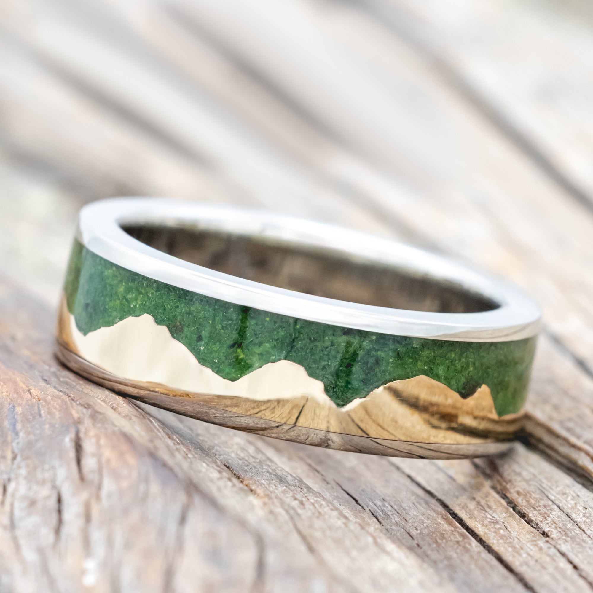 "HELIOS" - MOSS & 14K YELLOW GOLD MOUNTAIN RANGE WEDDING BAND-Staghead Designs