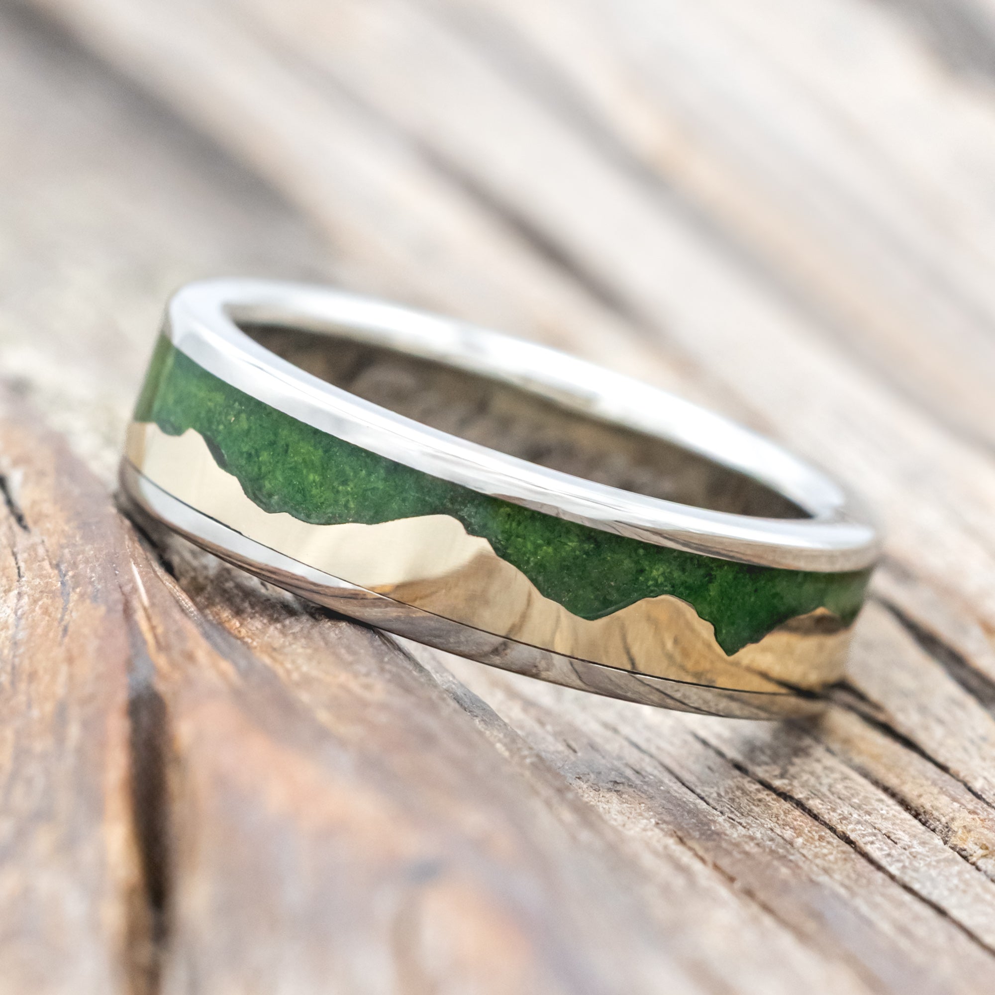 "HELIOS" - MOSS & 14K GOLD MOUNTAIN RANGE WEDDING BAND-Staghead Designs