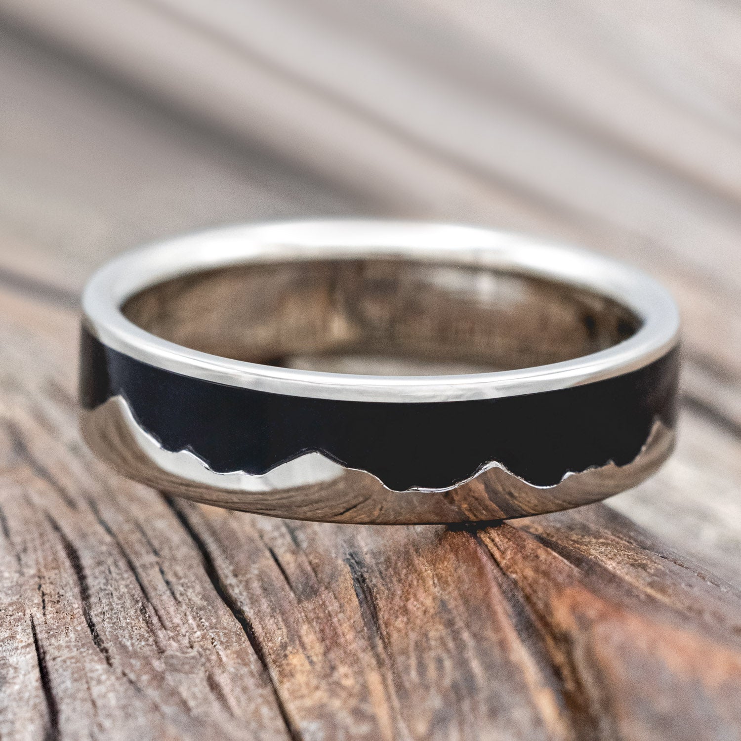 "HELIOS" - MOUNTAIN RANGE WEDDING BAND WITH JET STONE INLAY-Staghead Designs