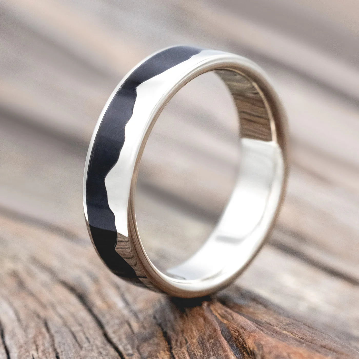 "HELIOS" - MOUNTAIN RANGE WEDDING BAND WITH JET STONE INLAY - 14K WHITE GOLD (6MM) - SIZE 10-Staghead Designs