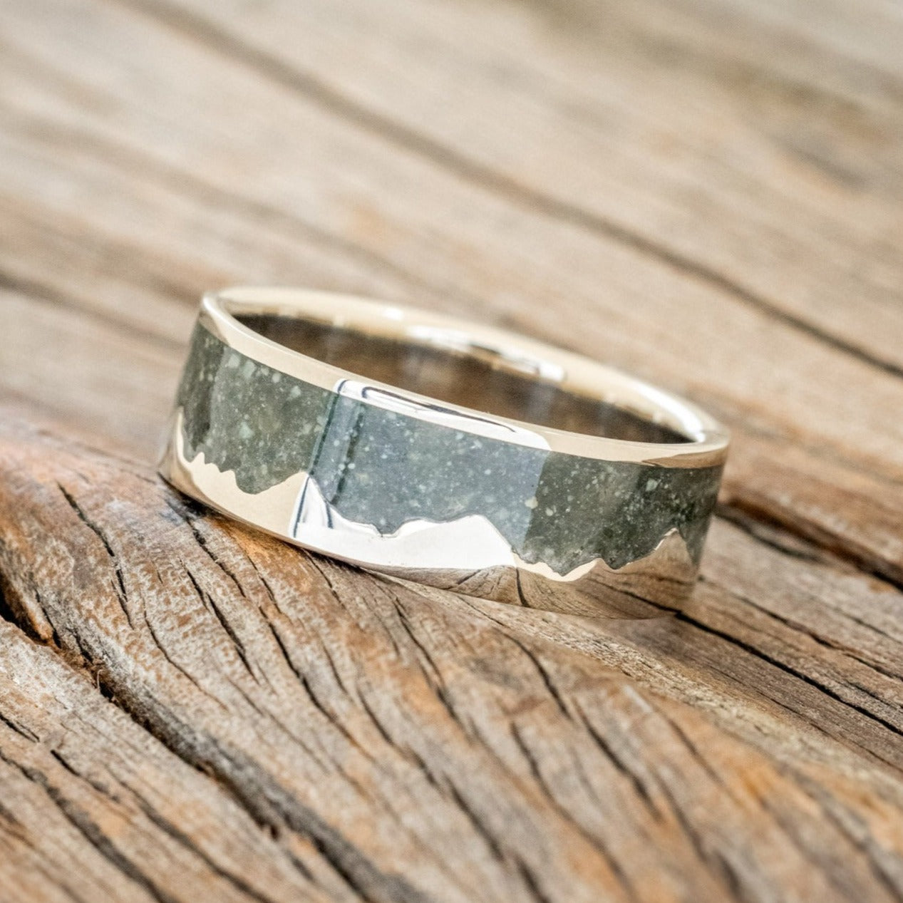 "HELIOS" - MATCHING SET OF CRUSHED MOSS AGATE MOUNTAIN RANGE WEDDING BANDS-Staghead Designs