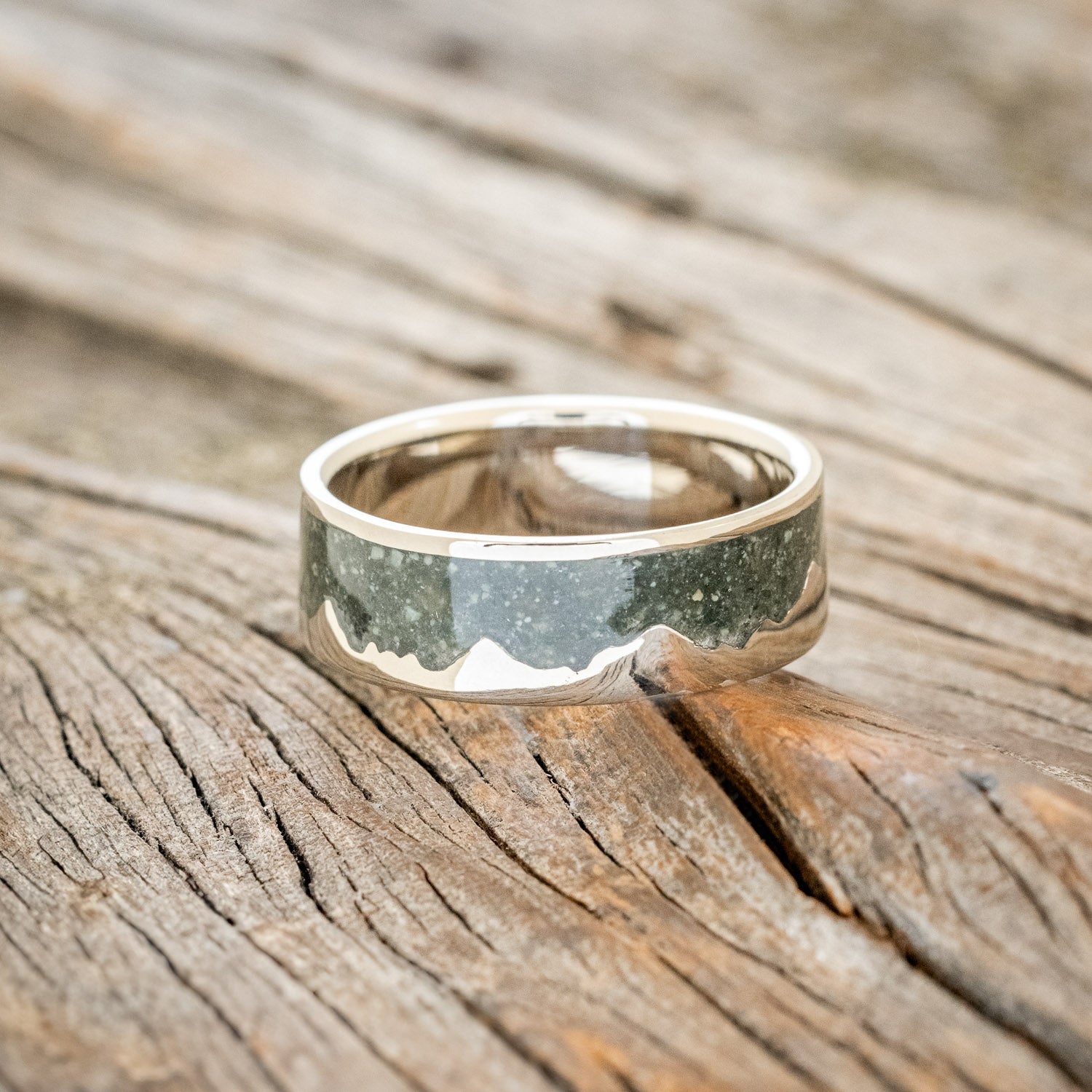 "HELIOS" - MATCHING SET OF CRUSHED MOSS AGATE MOUNTAIN RANGE WEDDING BANDS-Staghead Designs