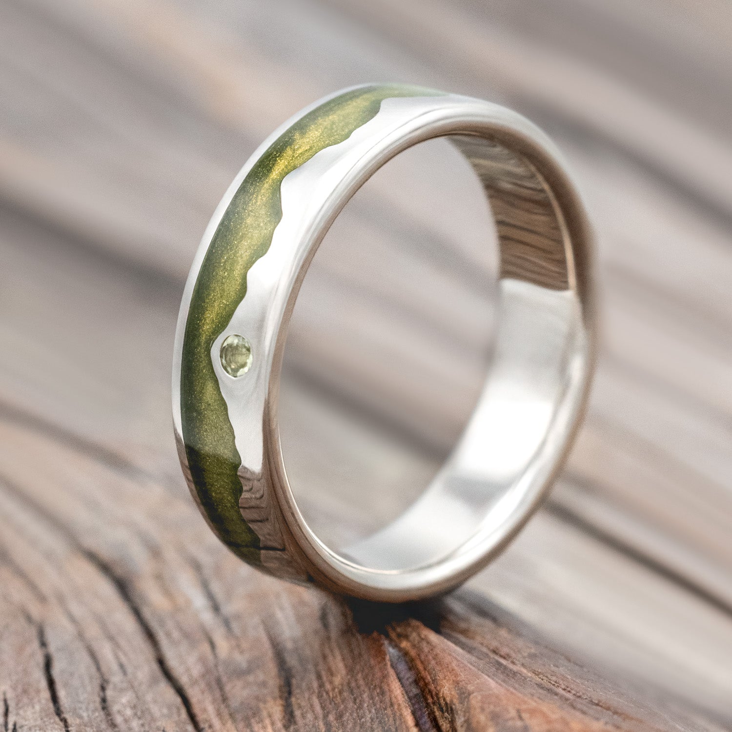 "HELIOS" - MYSTIC MOSS MOUNTAIN RANGE WEDDING RING FEATURING A PERIDOT ACCENT-Staghead Designs