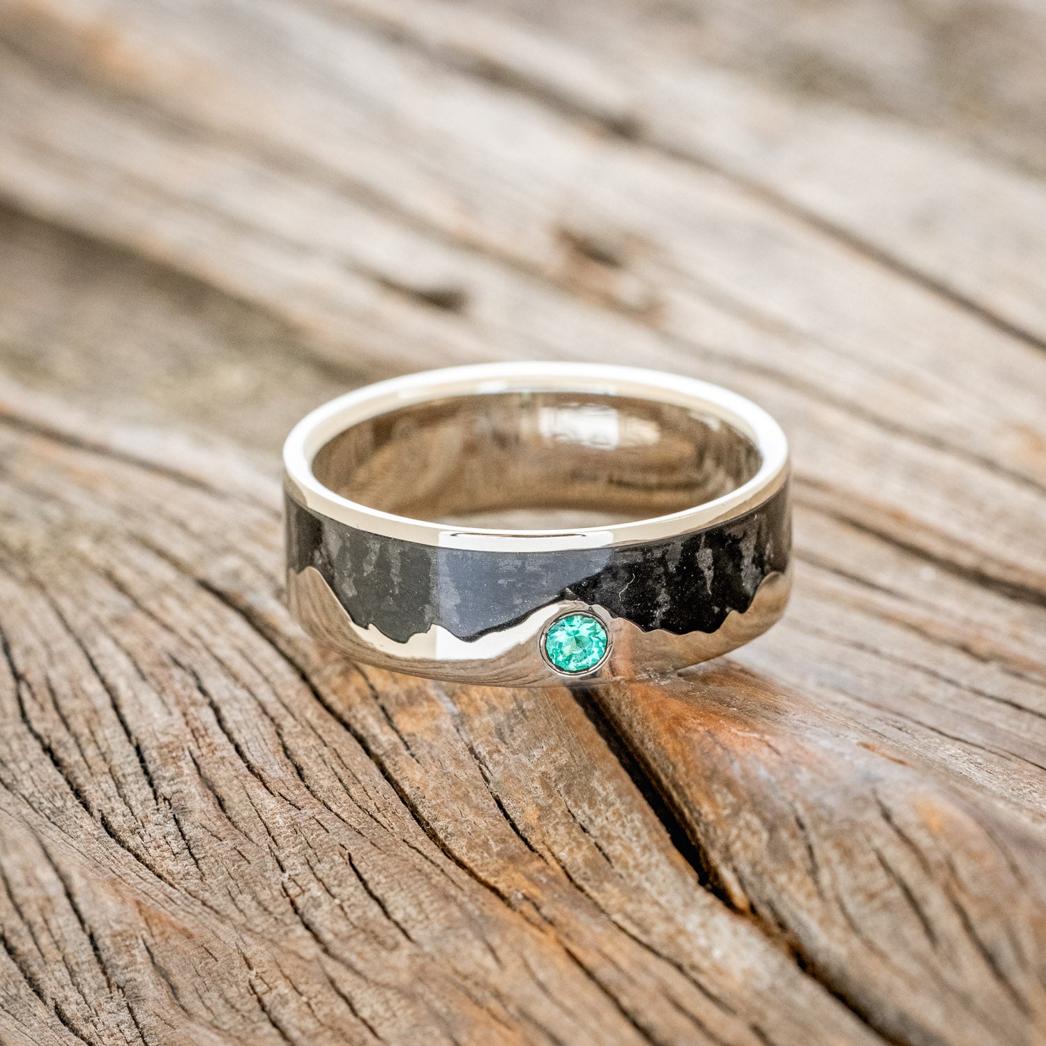 "HELIOS" - JET STONE & GOLD MOUNTAIN RANGE WEDDING RING FEATURING AN EMERALD ACCENT-3