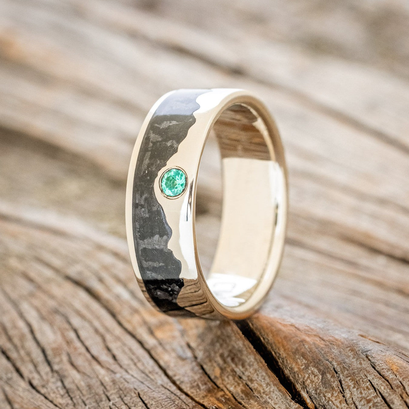 "HELIOS" - JET STONE & GOLD MOUNTAIN RANGE WEDDING RING FEATURING A LAB-GROWN GEMSTONE-Staghead Designs