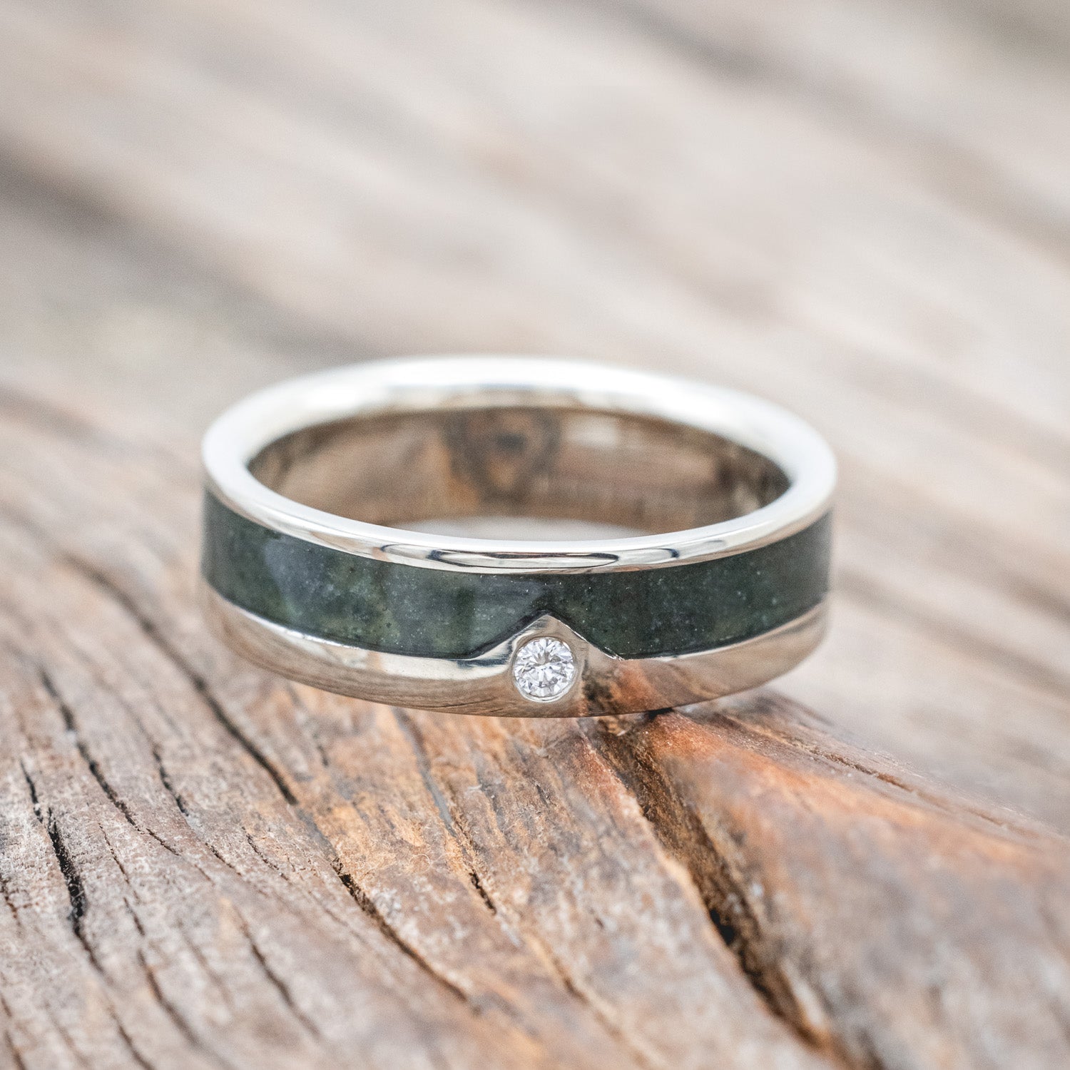 "HELIOS" - CRUSHED MOSS AGATE SINGLE PEAK MOUNTAIN RANGE WEDDING RING FEATURING A DIAMOND ACCENT-Staghead Designs