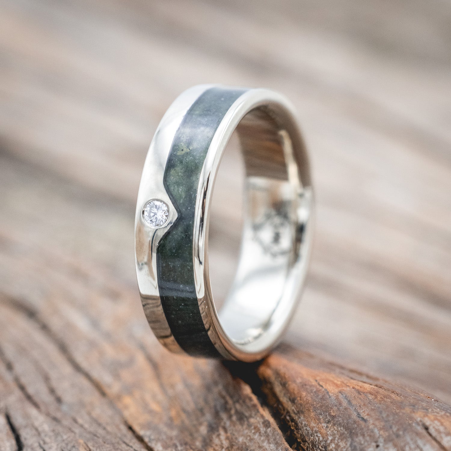 "HELIOS" - CRUSHED MOSS AGATE SINGLE PEAK MOUNTAIN RANGE WEDDING RING FEATURING A DIAMOND ACCENT-Staghead Designs