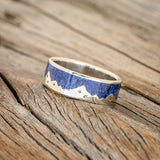 "HELIOS" - LAPIS LAZULI WITH FIRE & ICE OPAL MIX MOUNTAIN RANGE WEDDING RING WITH STAR ENGRAVINGS-Staghead Designs