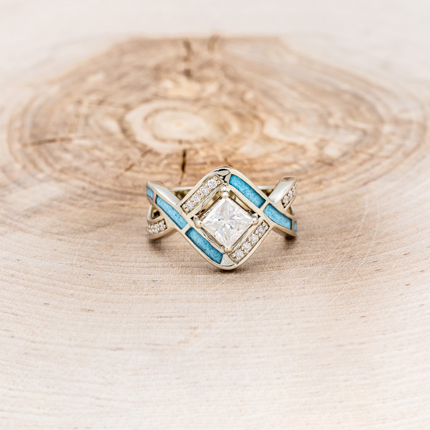 "HELIX" - PRINCESS CUT MOISSANITE ENGAGEMENT RING WITH DIAMOND ACCENTS & TURQUOISE INLAYS-16