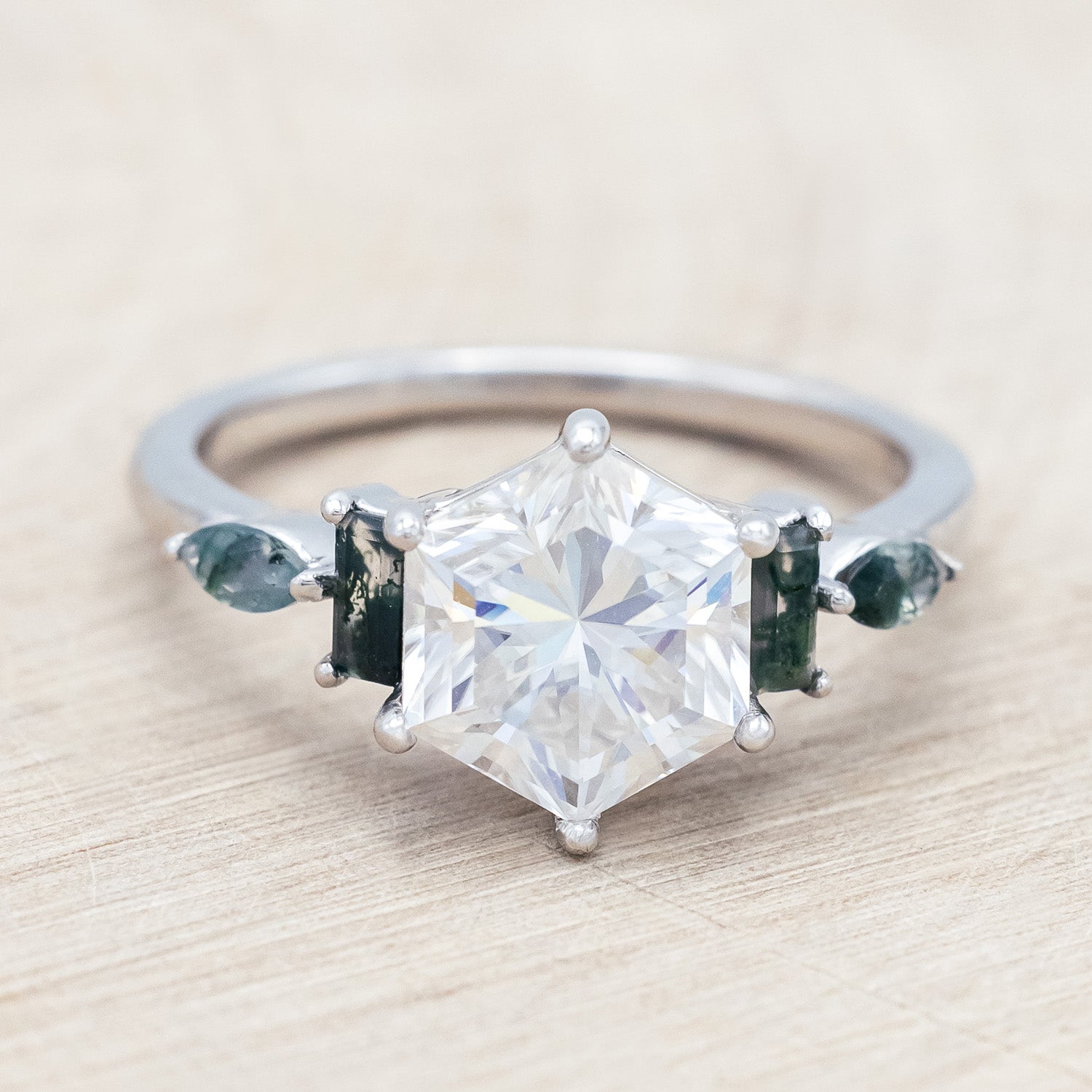 hexagon cut Moissanite women's engagement ring with moss agate accents