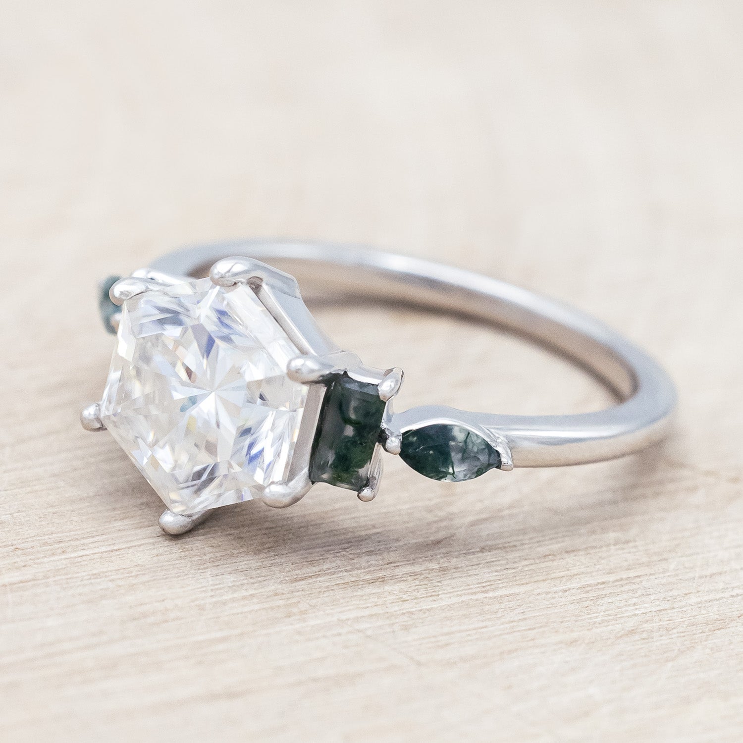hexagon cut Moissanite women's engagement ring with moss agate accents