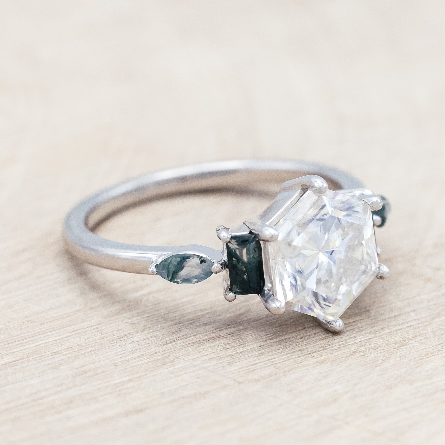 hexagon cut Moissanite women's engagement ring with moss agate accents