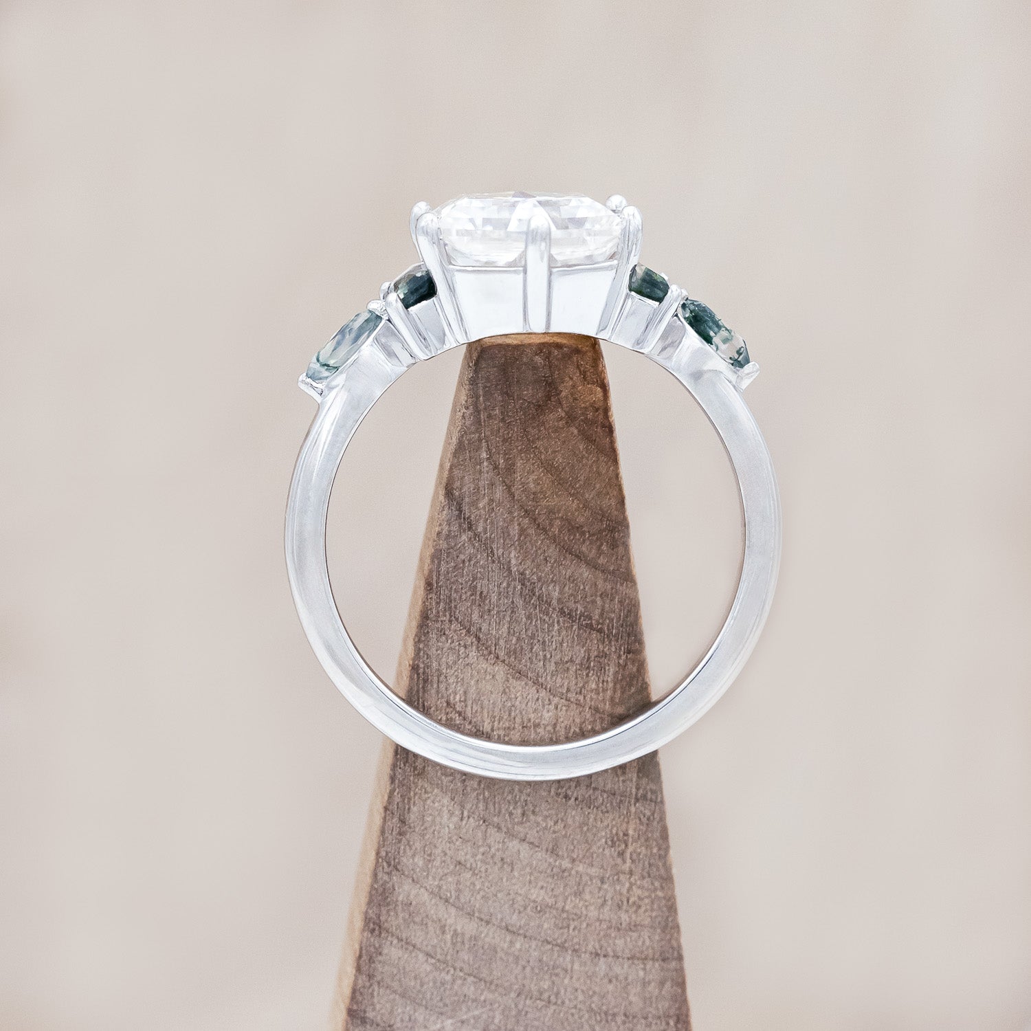 Top view of "Alicent" - hexagon cut Moissanite women's engagement ring with moss agate accents