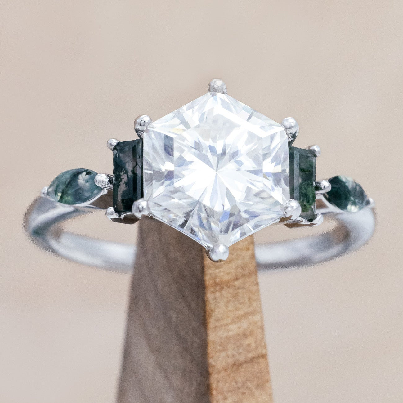 hexagon cut Moissanite women's engagement ring with moss agate accents