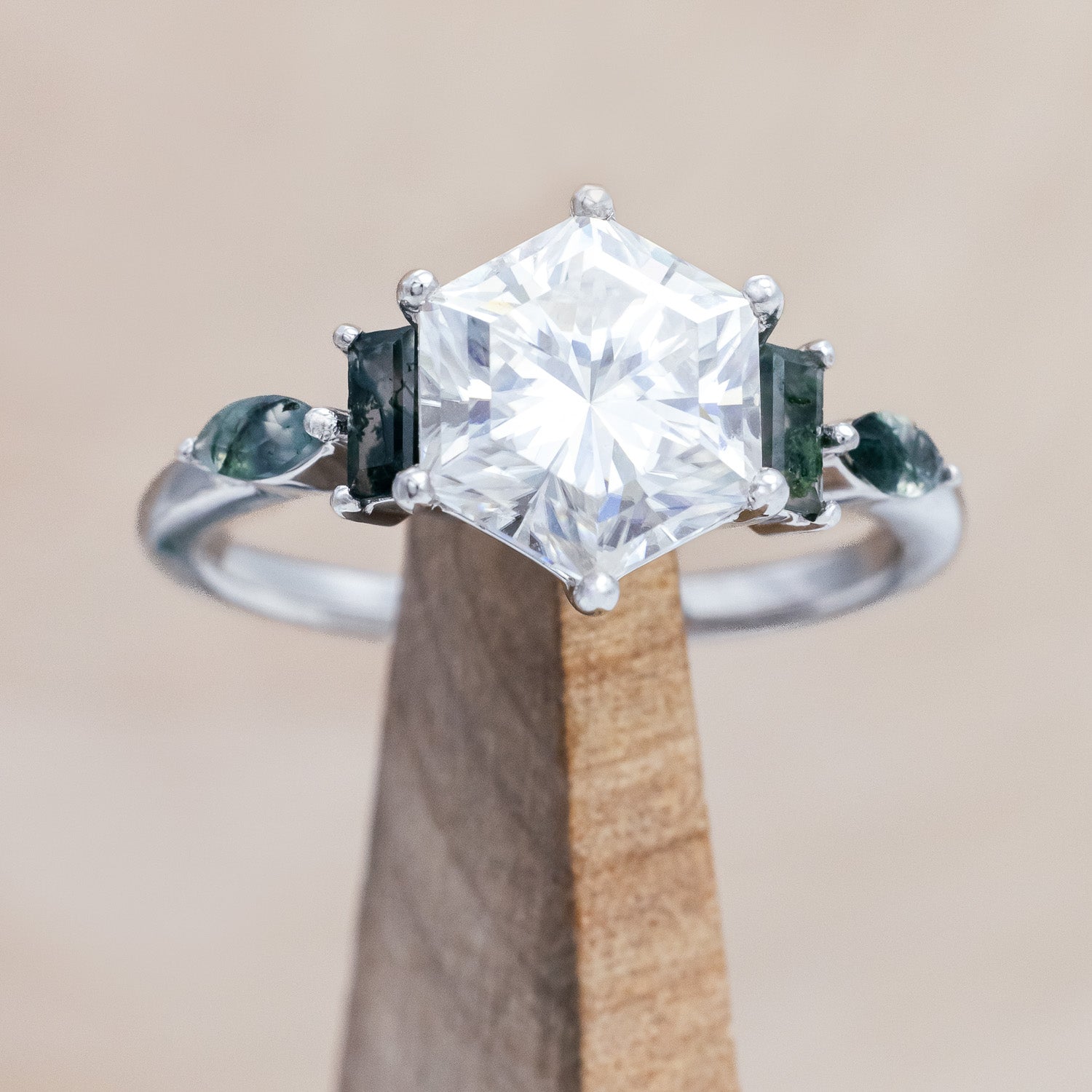 hexagon cut Moissanite women's engagement ring with moss agate accents