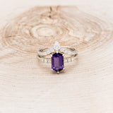 "NERIDA" - ELONGATED HEXAGON AMETHYST ENGAGEMENT RING WITH DIAMOND ACCENTS & TRACER