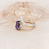 "NERIDA" - ELONGATED HEXAGON AMETHYST ENGAGEMENT RING WITH DIAMOND ACCENTS & TRACER