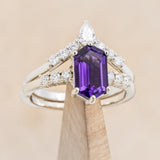 "NERIDA" - ELONGATED HEXAGON AMETHYST ENGAGEMENT RING WITH DIAMOND ACCENTS & TRACER