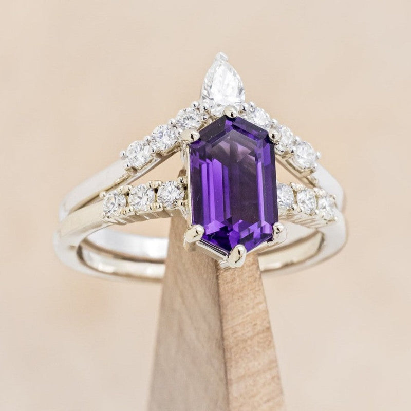 "NERIDA" - ELONGATED HEXAGON AMETHYST ENGAGEMENT RING WITH DIAMOND ACCENTS & TRACER-1