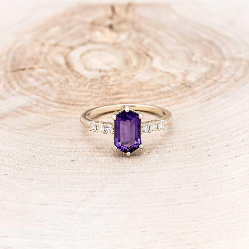 "NERIDA" - ELONGATED HEXAGON AMETHYST ENGAGEMENT RING WITH DIAMOND ACCENTS & TRACER