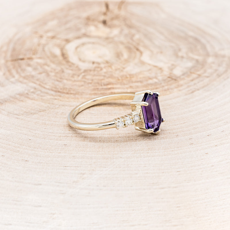 "NERIDA" - ELONGATED HEXAGON AMETHYST ENGAGEMENT RING WITH DIAMOND ACCENTS & TRACER-8