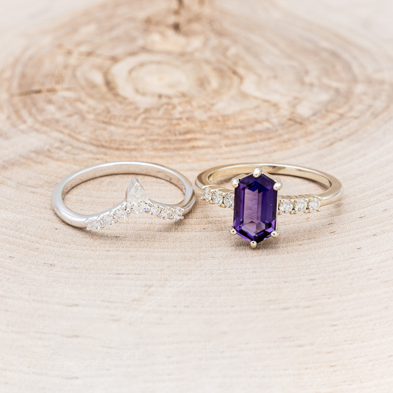 "NERIDA" - ELONGATED HEXAGON AMETHYST ENGAGEMENT RING WITH DIAMOND ACCENTS & TRACER