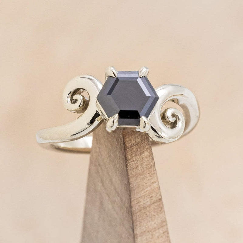 "ACHLYS" - HEXAGON CUT MIDNIGHT BLACK MOISSANITE SOLITAIRE ENGAGEMENT RING