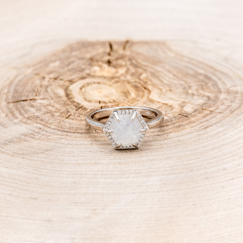 HEXAGON MOONSTONE ENGAGEMENT RING WITH DIAMOND HALO