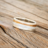 "COSMO" - WHISKEY BARREL OAK & ANTLER WEDDING BAND WITH A HAMMERED FINISH-2