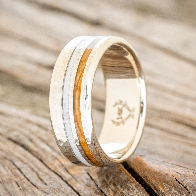 "COSMO" - WHISKEY BARREL OAK & ANTLER WEDDING BAND WITH A HAMMERED FINISH
