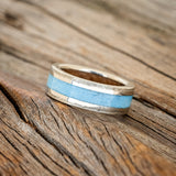 "HOLLIS" - TURQUOISE & 14K WHITE GOLD INLAYS WEDDING RING WITH WHISKEY BARREL LINING FEATURING A HAMMERED BAND