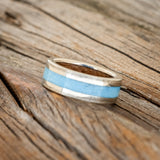 "HOLLIS" - TURQUOISE & 14K WHITE GOLD INLAYS WEDDING RING WITH WHISKEY BARREL LINING FEATURING A HAMMERED BAND-5