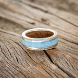 "HOLLIS" - TURQUOISE & 14K WHITE GOLD INLAYS WEDDING RING WITH WHISKEY BARREL LINING FEATURING A HAMMERED BAND