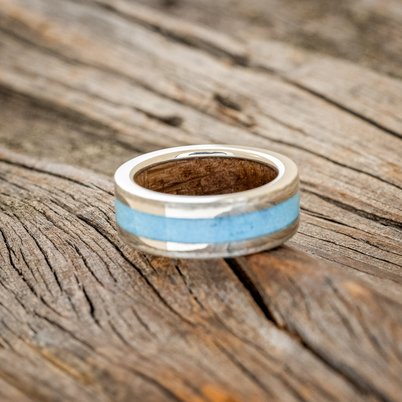 "HOLLIS" - TURQUOISE & 14K WHITE GOLD INLAYS WEDDING RING WITH WHISKEY BARREL LINING FEATURING A HAMMERED BAND-6