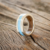 "HOLLIS" - TURQUOISE & 14K WHITE GOLD INLAYS WEDDING RING WITH WHISKEY BARREL LINING FEATURING A HAMMERED BAND