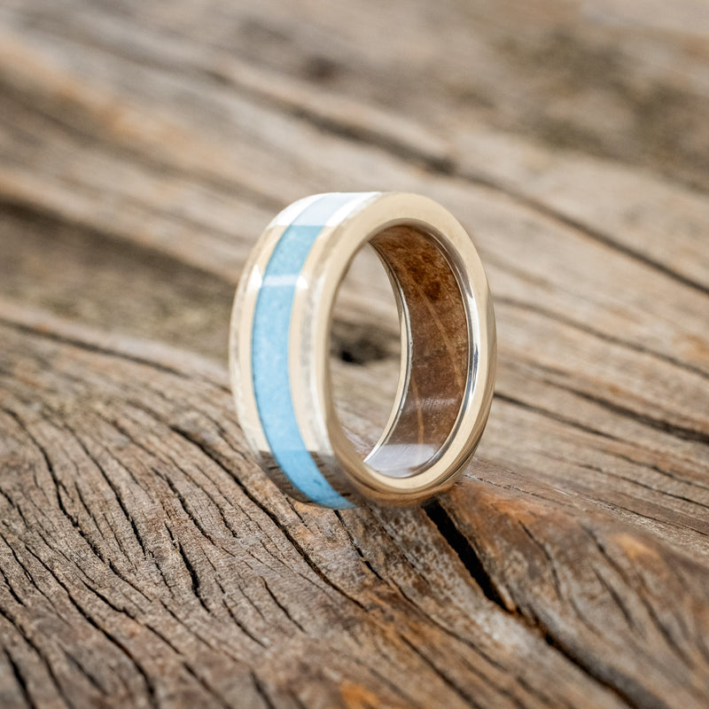 "HOLLIS" - TURQUOISE & 14K WHITE GOLD INLAYS WEDDING RING WITH WHISKEY BARREL LINING FEATURING A HAMMERED BAND-4