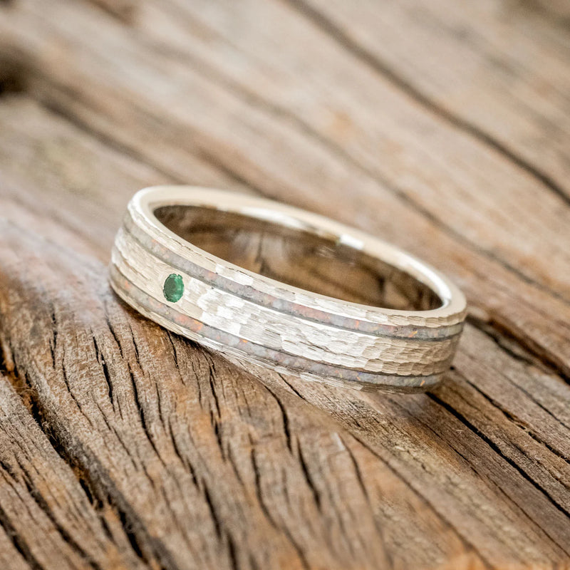 "RYDER" - FIRE & ICE OPAL WITH AN EMERALD ACCENT WEDDING RING IN A HAMMERED FINISH - 14K WHITE GOLD (6MM) - SIZE 11-2