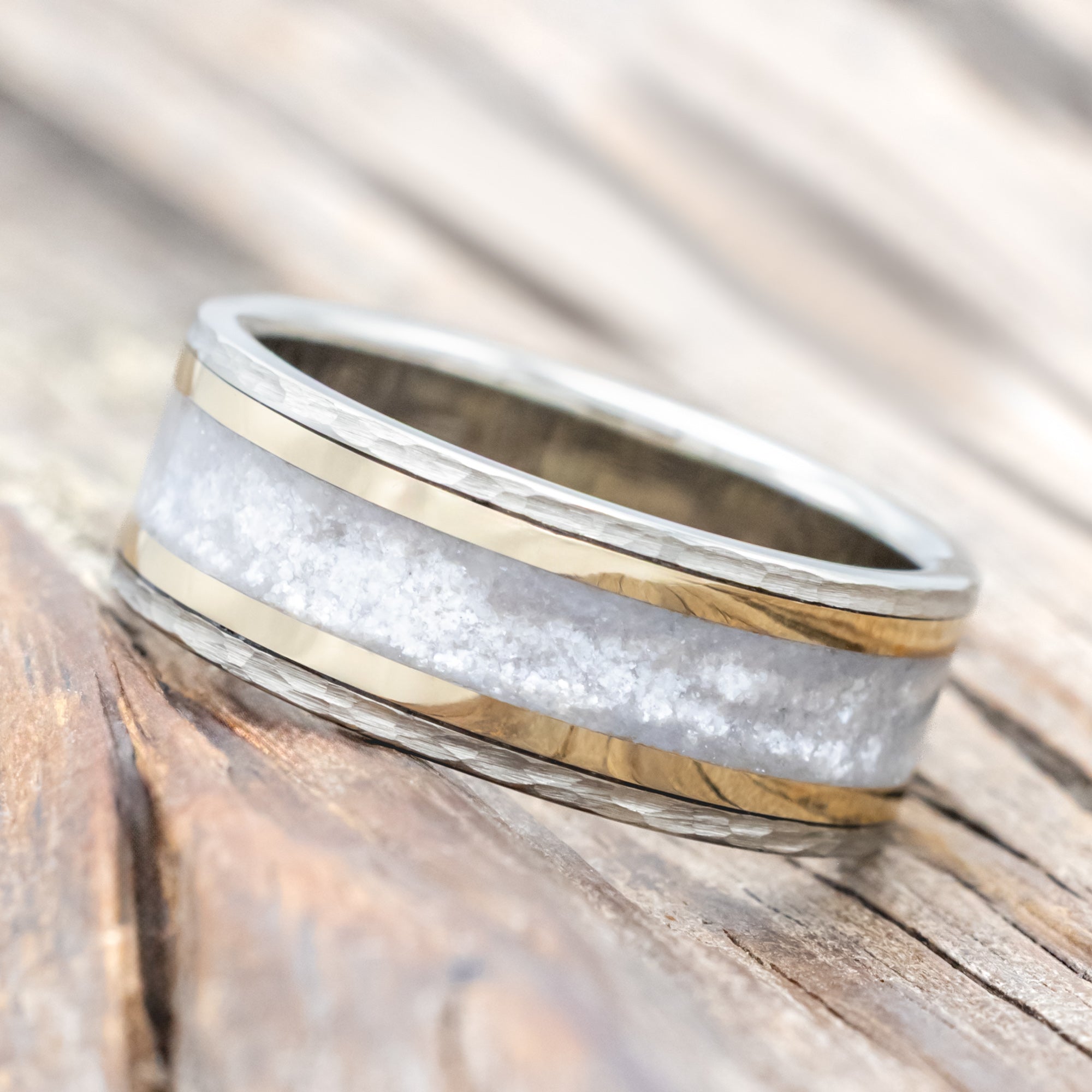 "HOLLIS" - DIAMOND DUST WEDDING RING WITH 14K GOLD INLAYS AND A HAMMERED FINISH-Staghead Designs
