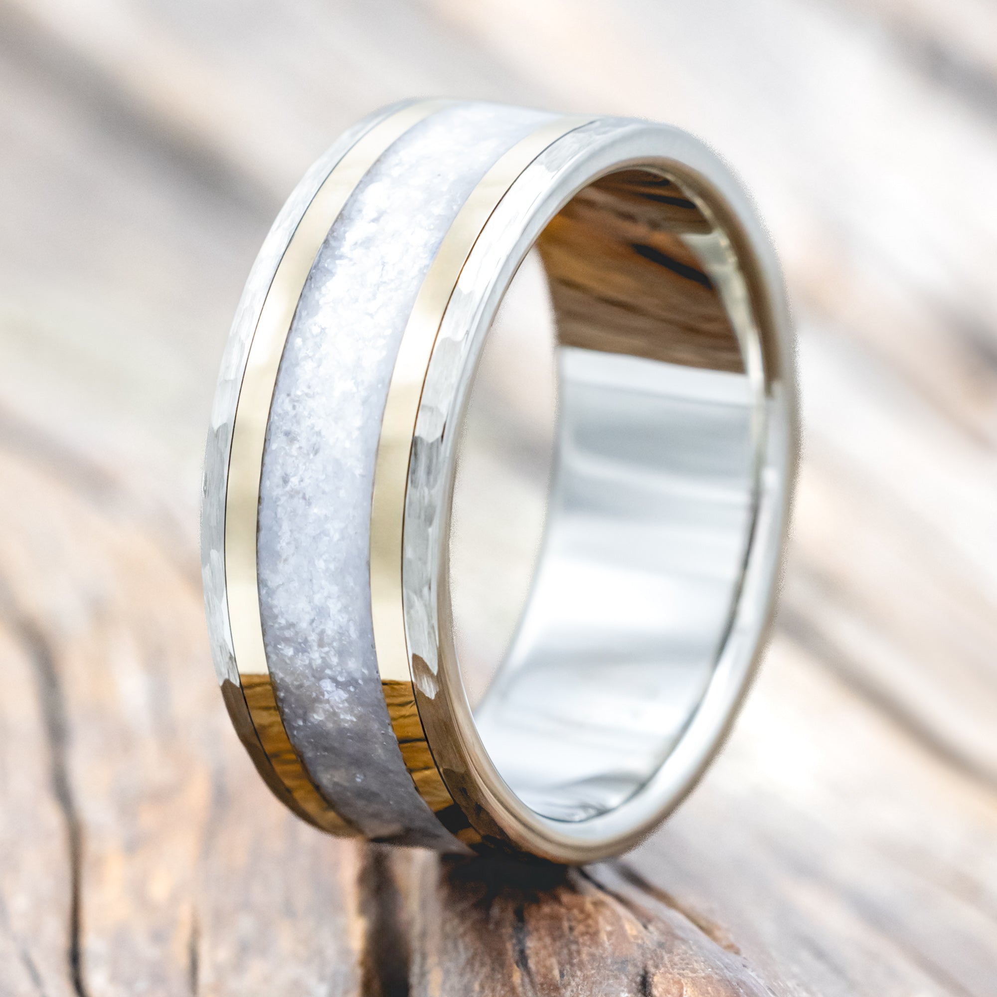 "HOLLIS" - DIAMOND DUST WEDDING RING WITH 14K GOLD INLAYS AND A HAMMERED FINISH-Staghead Designs