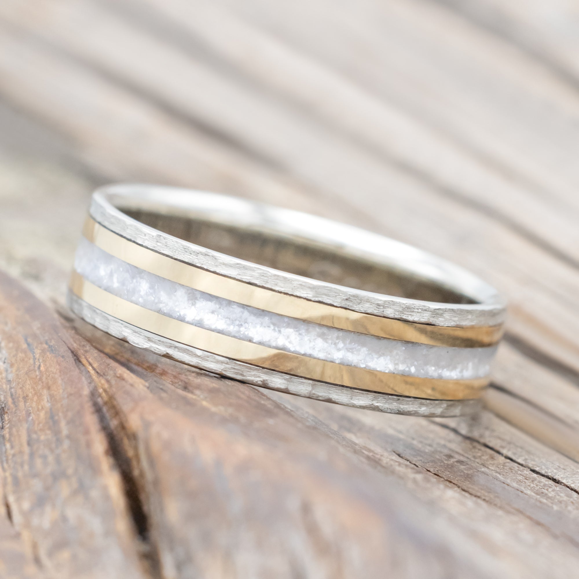 "HOLLIS" - DIAMOND DUST & 14K YELLOW GOLD INLAYS WEDDING RING WITH A HAMMERED FINISH-Staghead Designs
