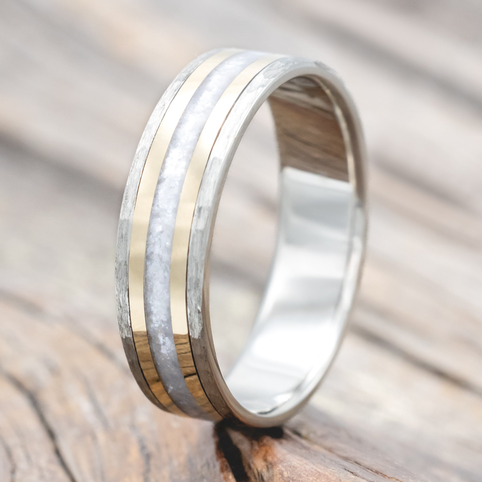 "HOLLIS" - DIAMOND DUST & 14K YELLOW GOLD INLAYS WEDDING RING WITH A HAMMERED FINISH-Staghead Designs