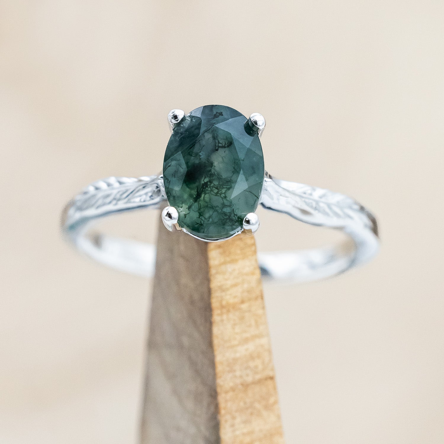 "HOPE" - OVAL CUT MOSS AGATE SOLITAIRE ENGAGEMENT RING WITH FEATHER ACCENTS-Staghead Designs