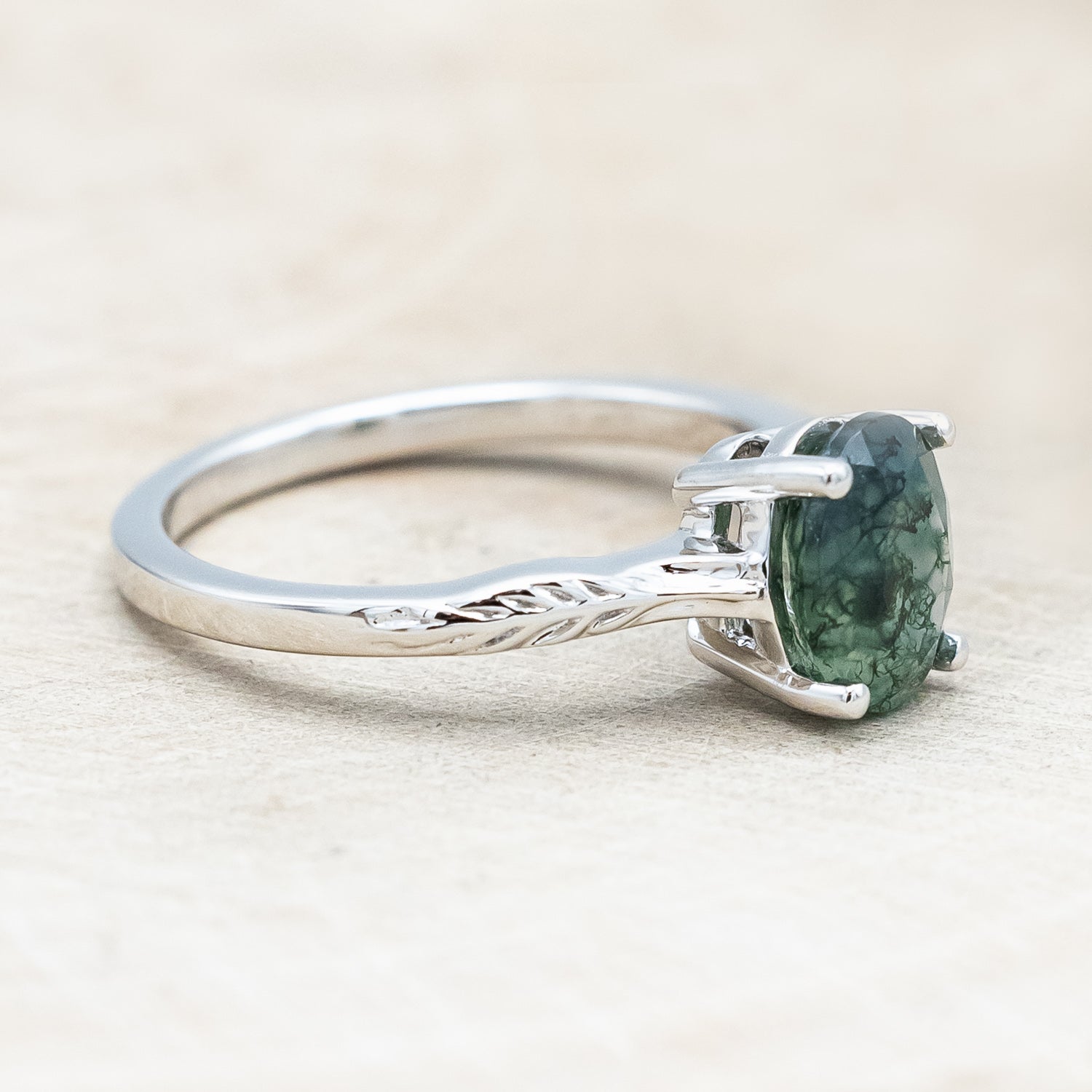"HOPE" - OVAL CUT MOSS AGATE SOLITAIRE ENGAGEMENT RING WITH FEATHER ACCENTS-Staghead Designs