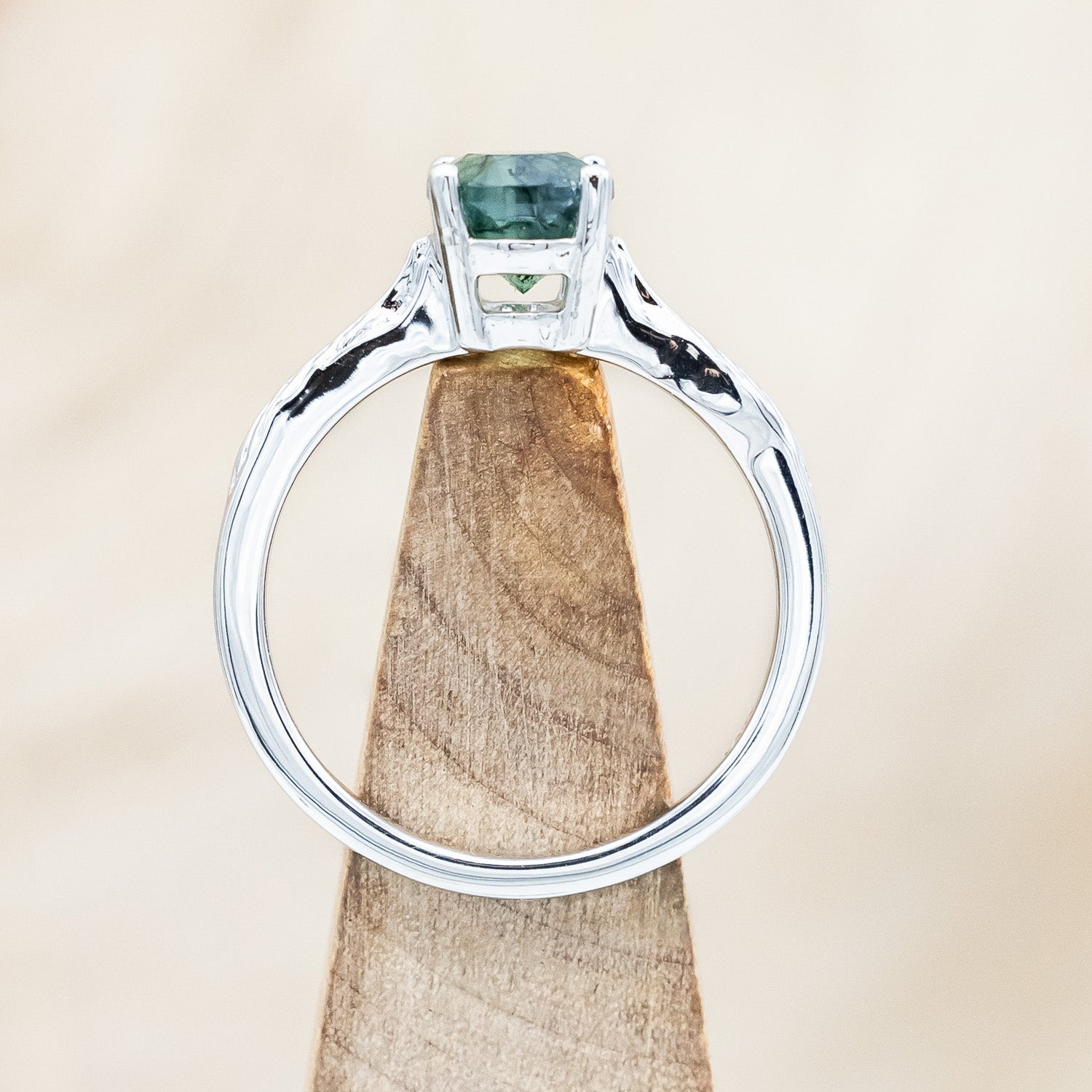 "HOPE" - OVAL CUT MOSS AGATE SOLITAIRE ENGAGEMENT RING WITH FEATHER ACCENTS-Staghead Designs