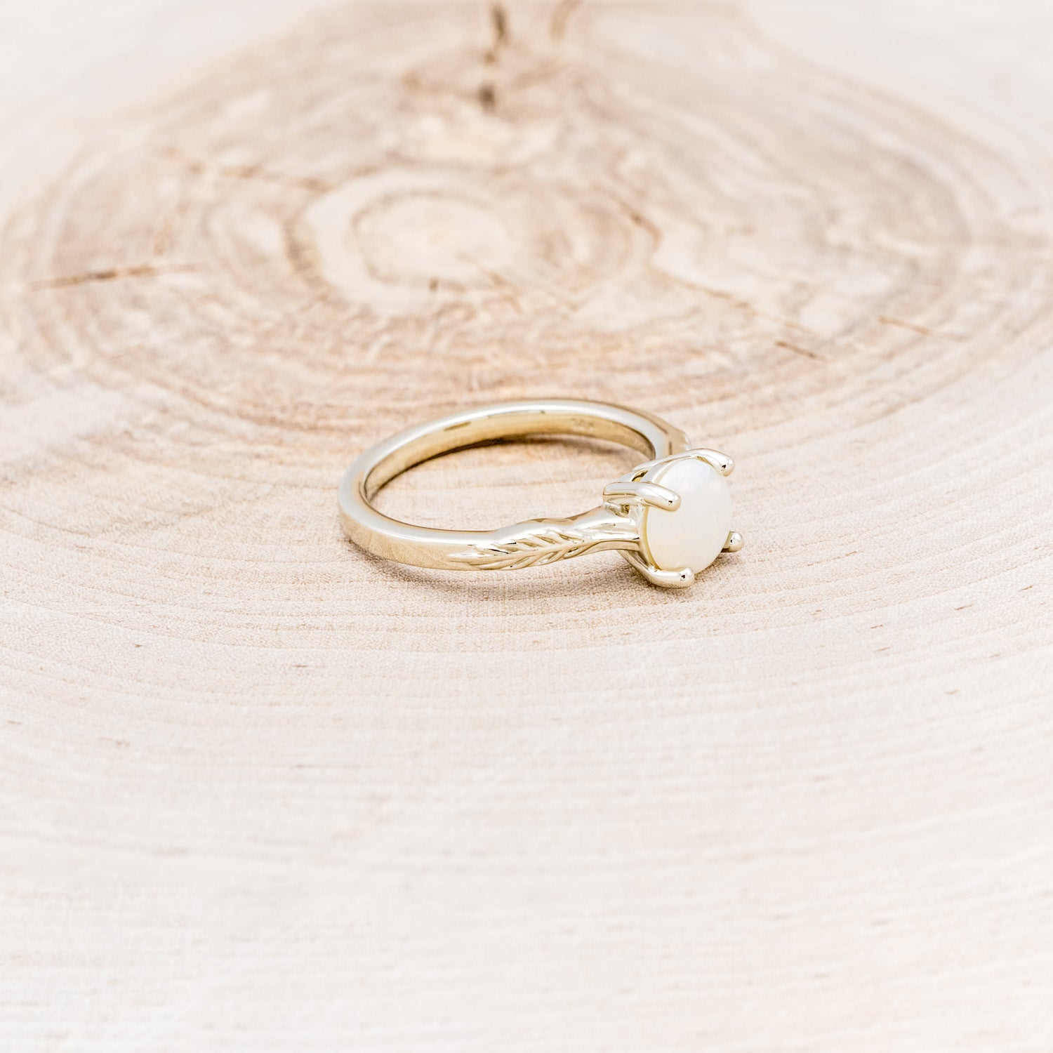 "HOPE" - ROUND CUT OPAL SOLITAIRE ENGAGEMENT RING WITH FEATHER ACCENTS-8