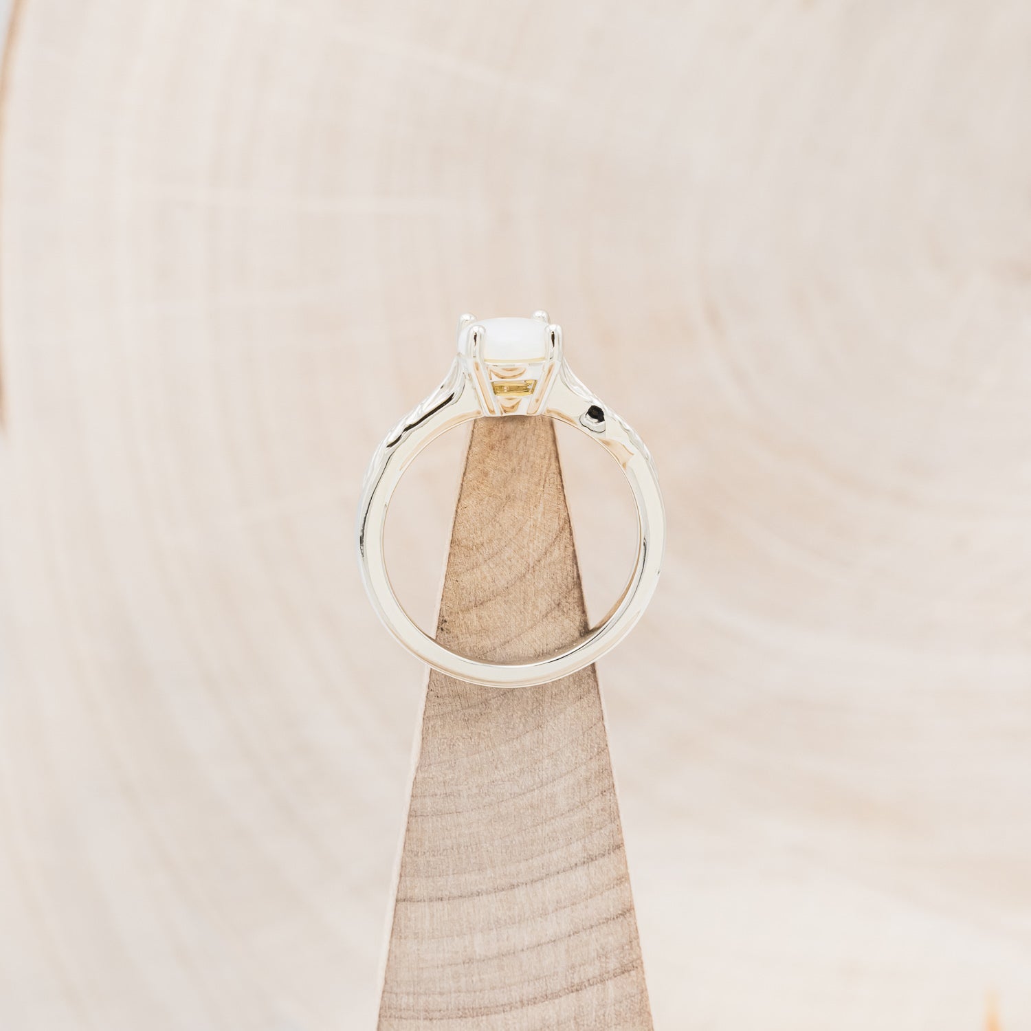 "HOPE" - ROUND CUT OPAL SOLITAIRE ENGAGEMENT RING WITH FEATHER ACCENTS-12